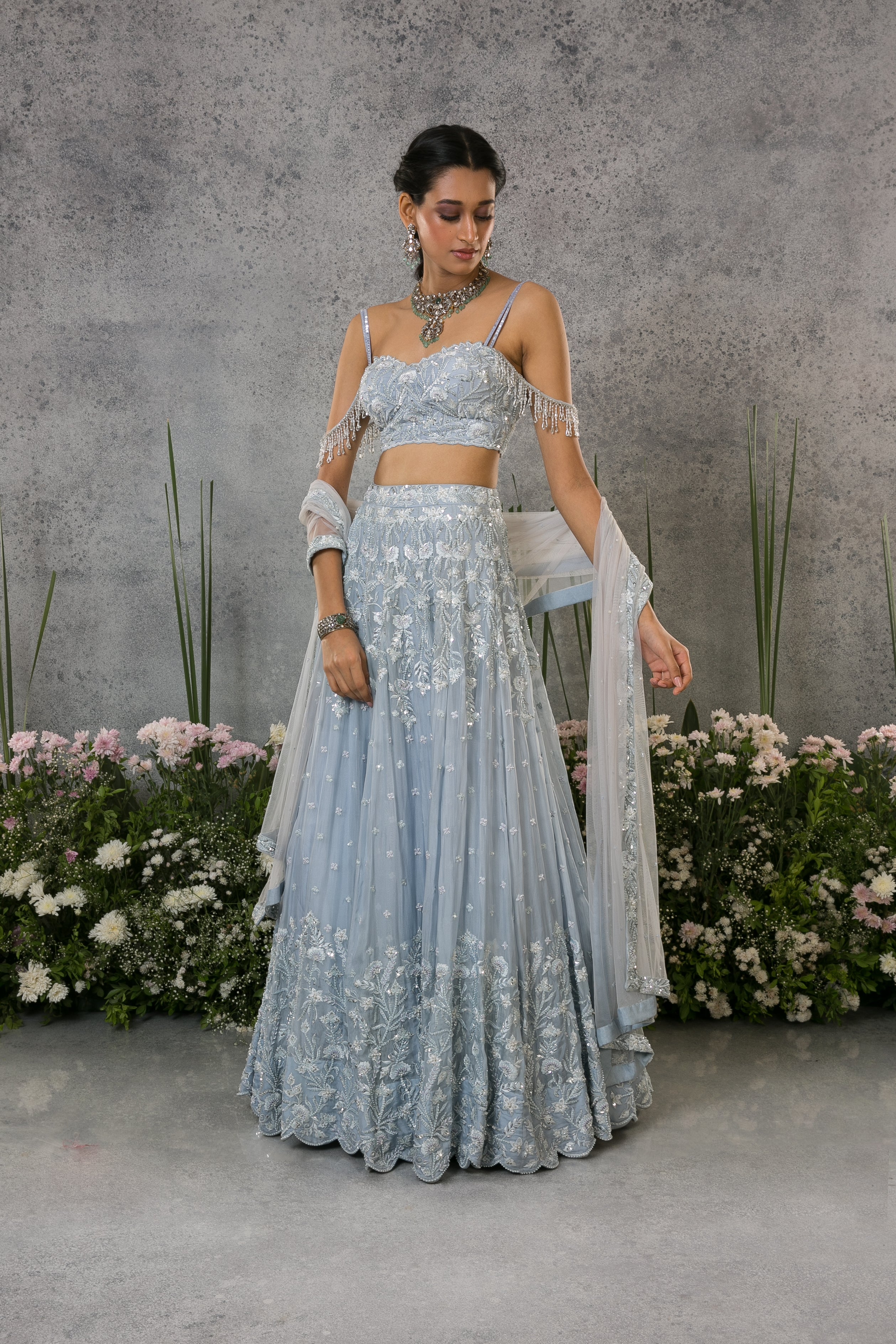 Cloudy Blue Precious Flowers Bunches Lehenga