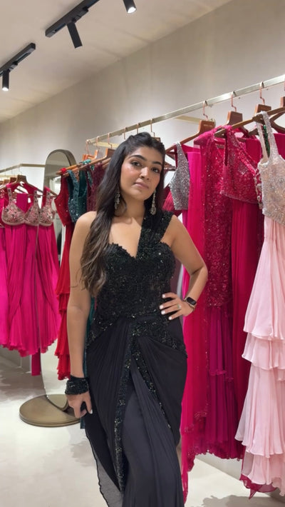 Black Hand Embroidered Pre-Draped Corset Saree