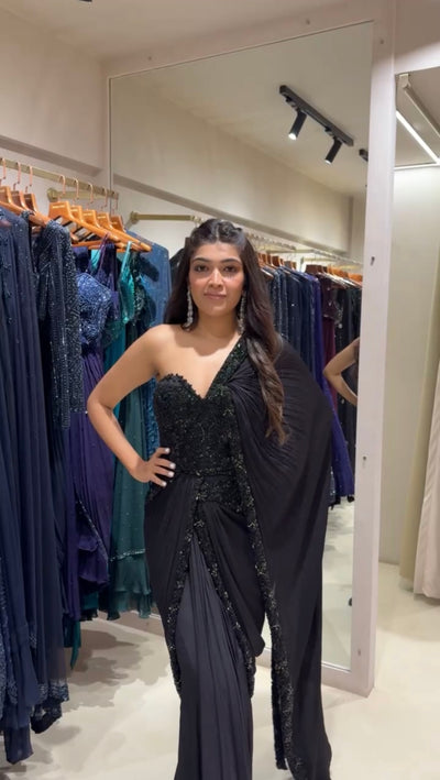 Black Hand Embroidered Pre-Draped Corset Saree