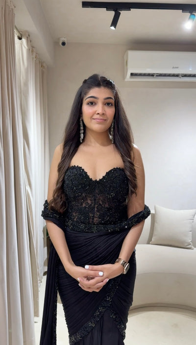 Black Hand Embroidered Pre-Draped Corset Saree