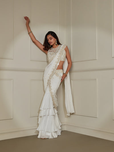 Ivory & Gold Pre Draped Mirror Work Saree Set