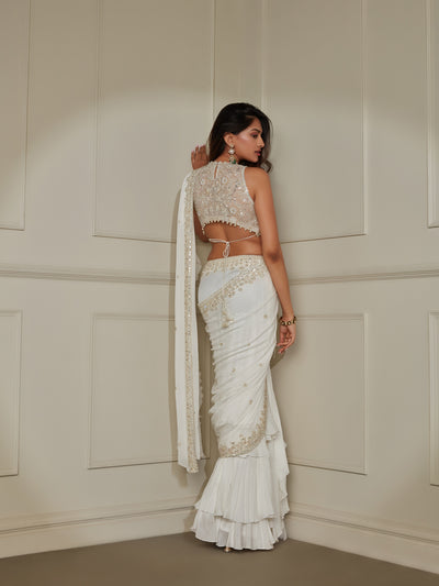 Ivory & Gold Pre Draped Mirror Work Saree Set