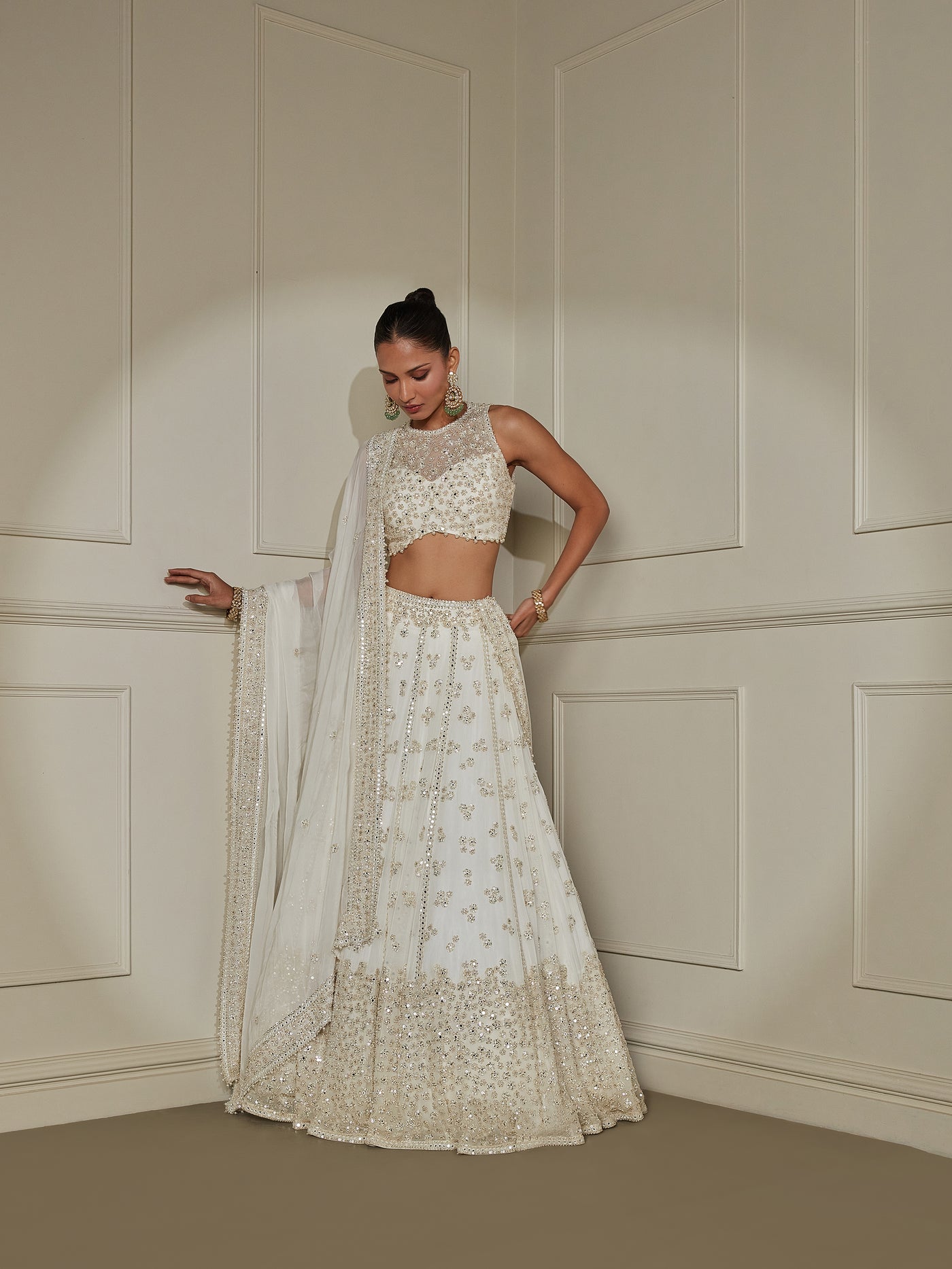 White Mirror Work Lehenga Set