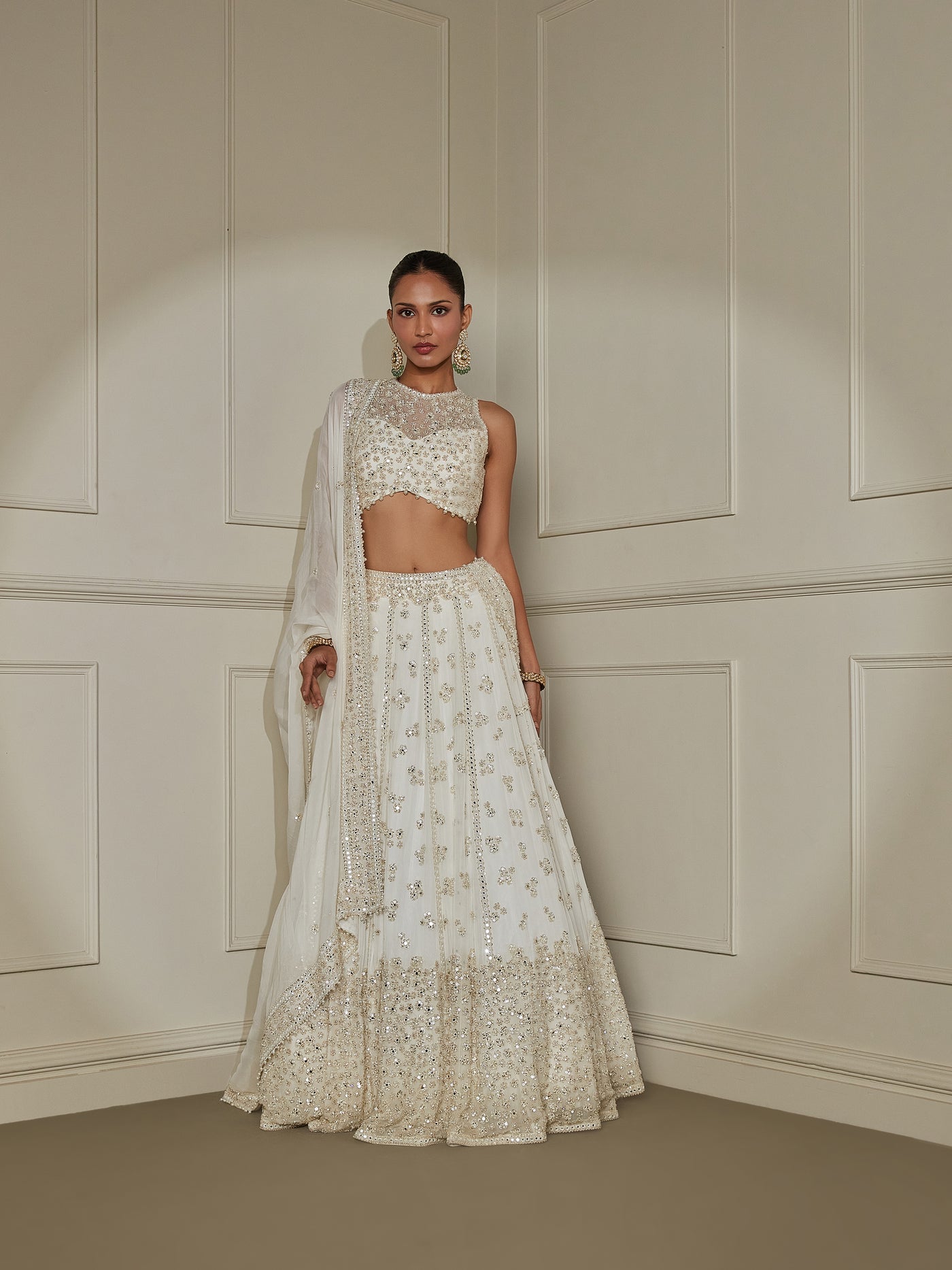 White Mirror Work Lehenga Set