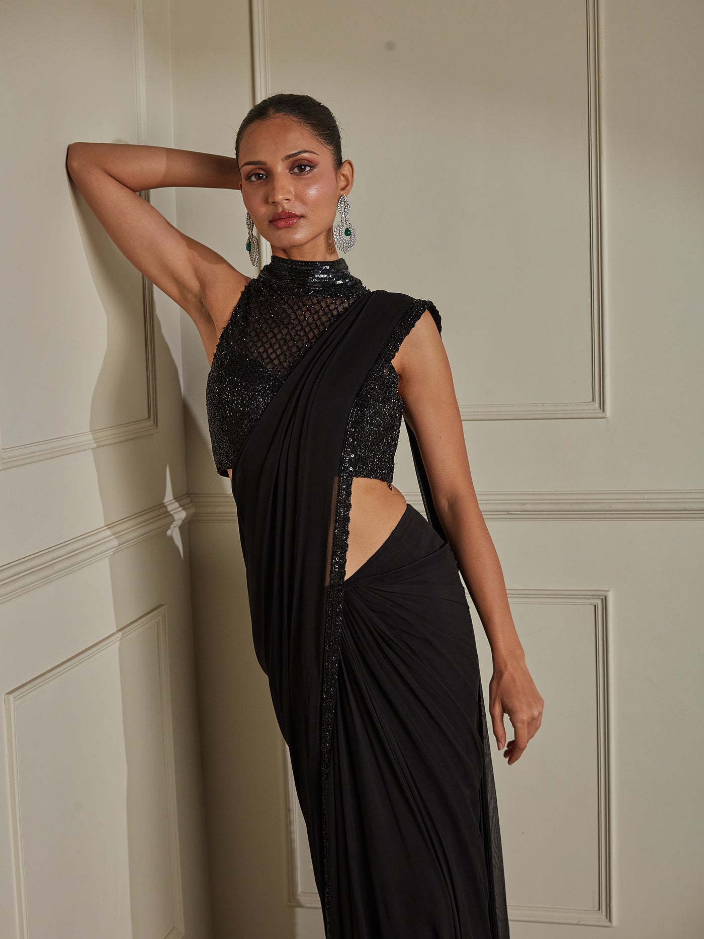 Black Halter Neck Draped Saree Set