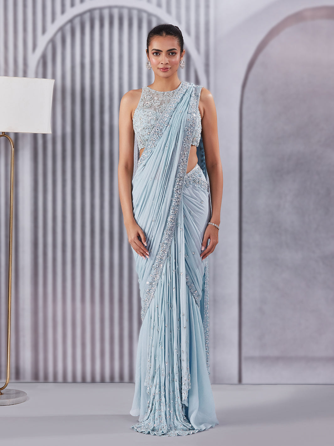 Mirror Work Powder Blue Draped Saree Set