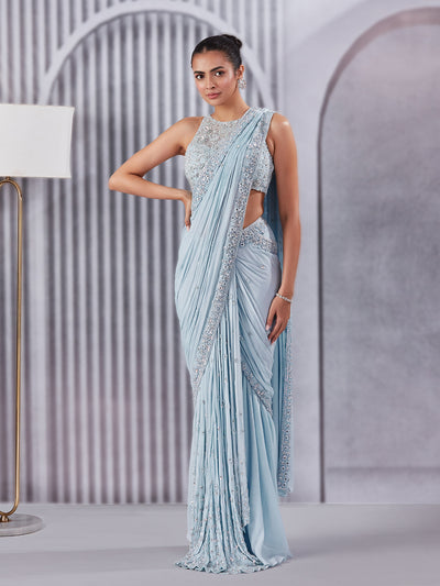 Mirror Work Powder Blue Draped Saree Set