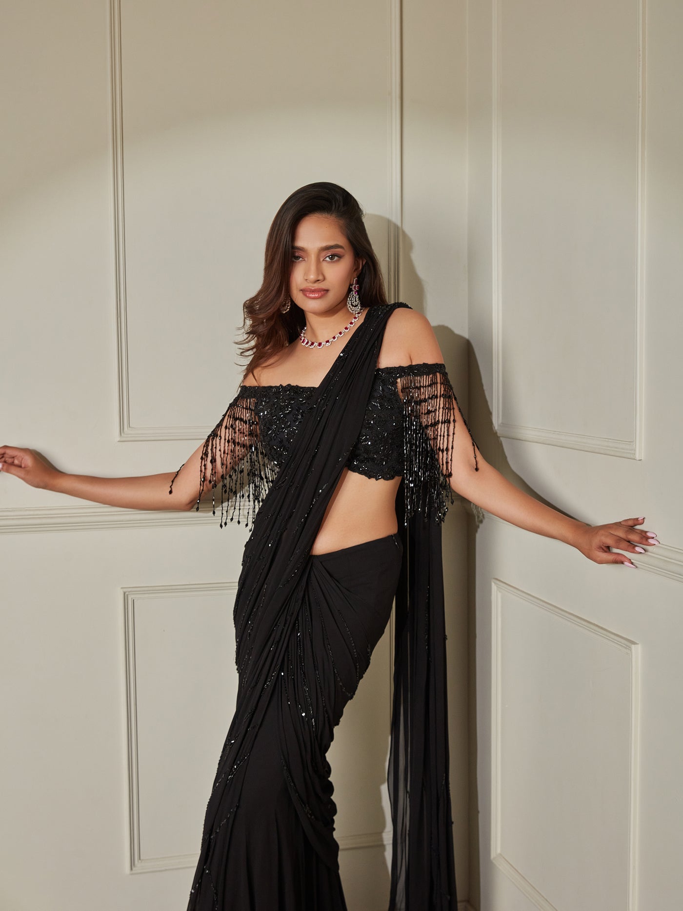 Black Saree & Off-Shoulder Tassel Blouse Set