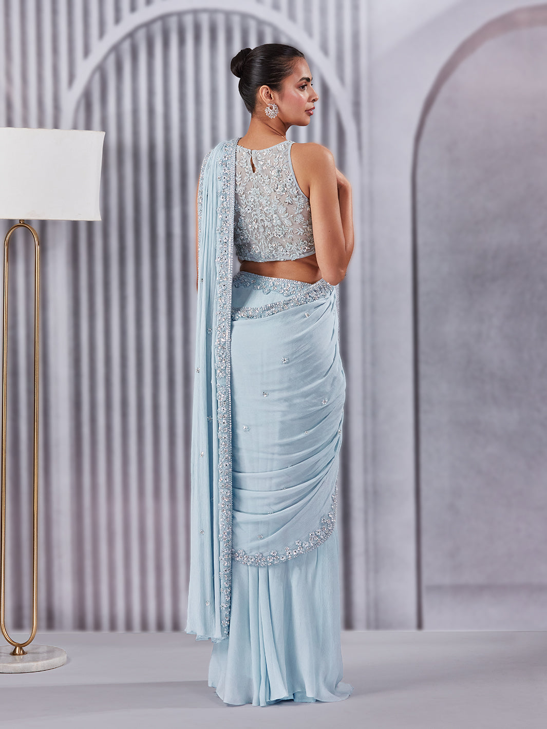 Mirror Work Powder Blue Draped Saree Set