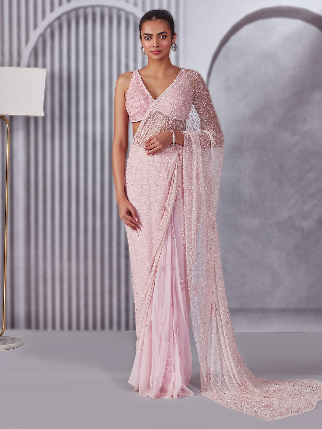 Pastel Pink Pre Draped Saree Set