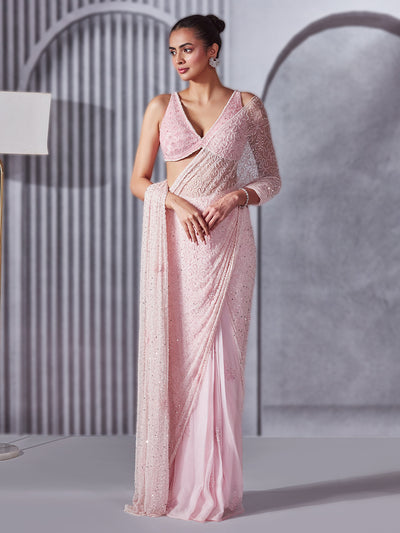 Pastel Pink Pre Draped Saree Set