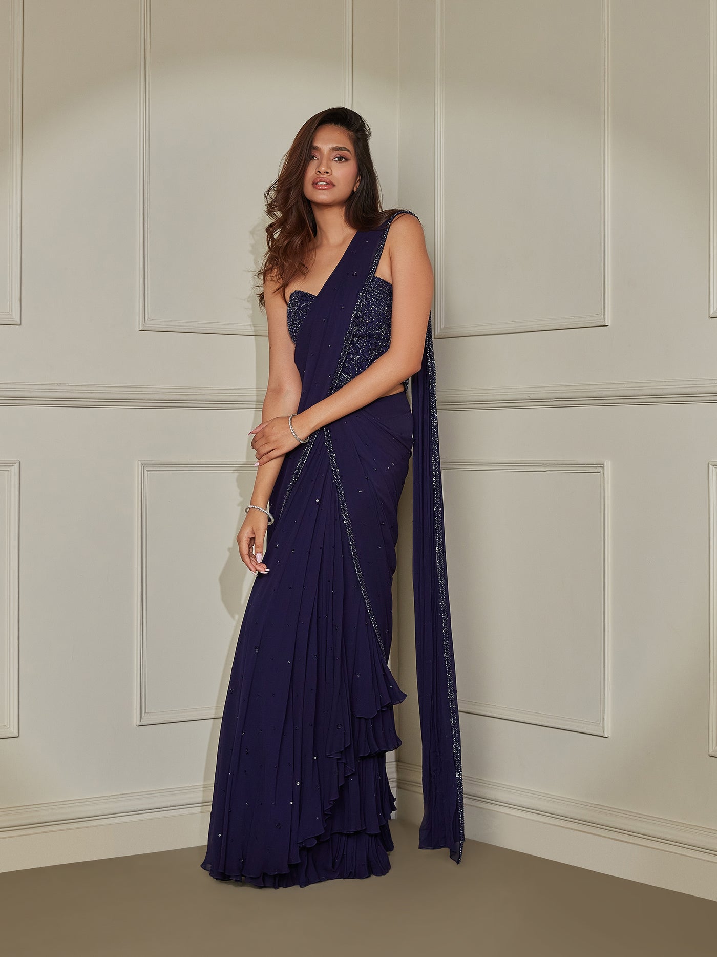 Indigo Saree with Corset Blouse Set