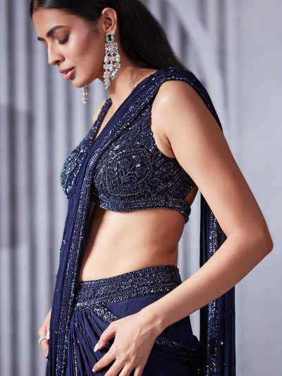 Midnight Blue Sequin Saree Set