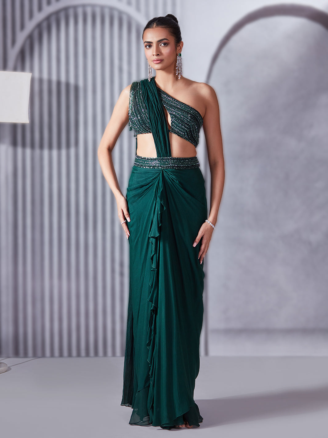 Forest Green One-Shoulder Draped Saree Set