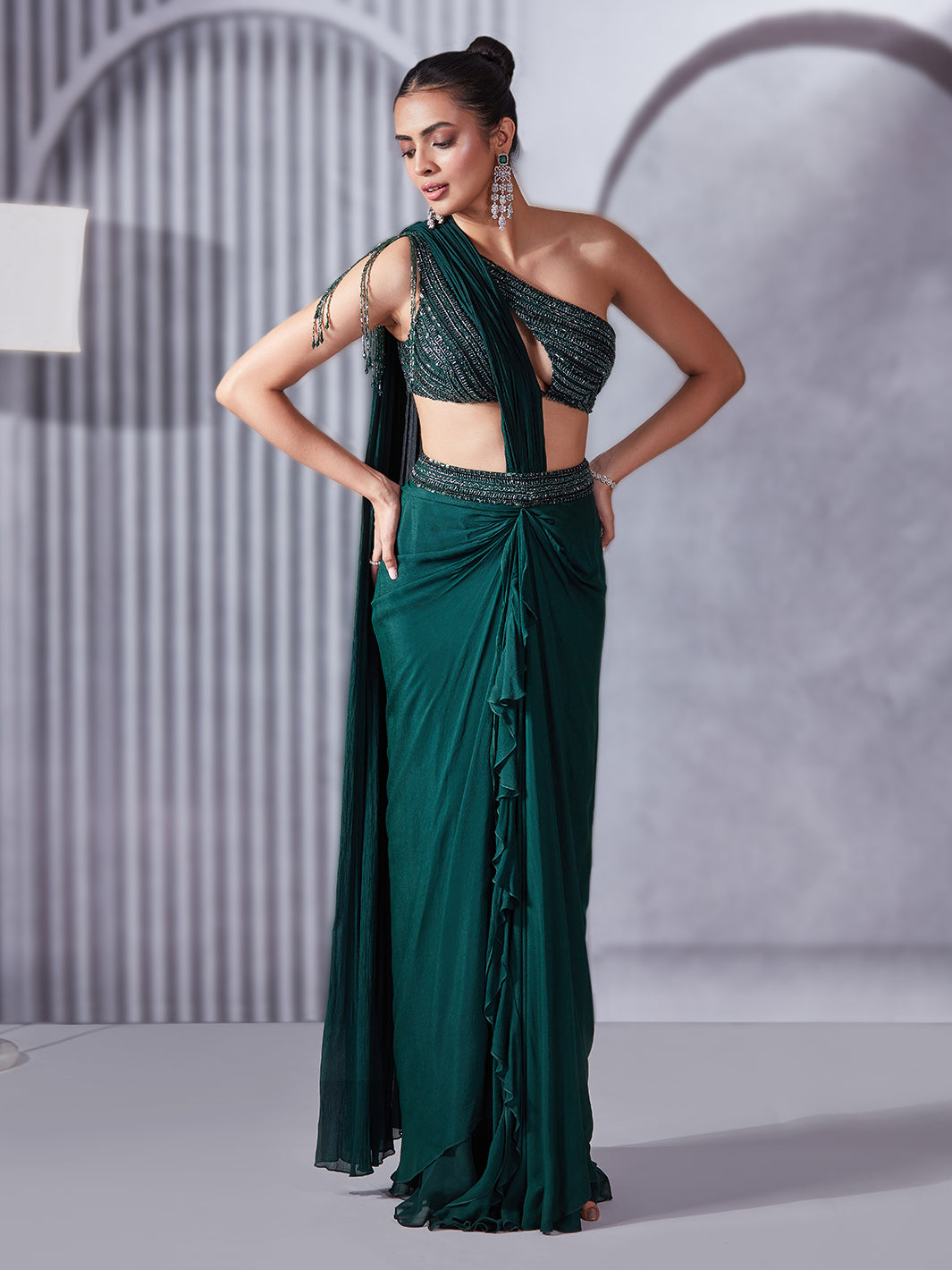 Forest Green One-Shoulder Draped Saree Set