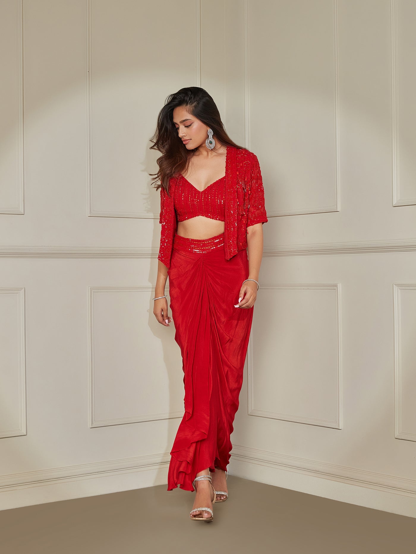 Flame Red Co-ord Set with Cropped Blazer