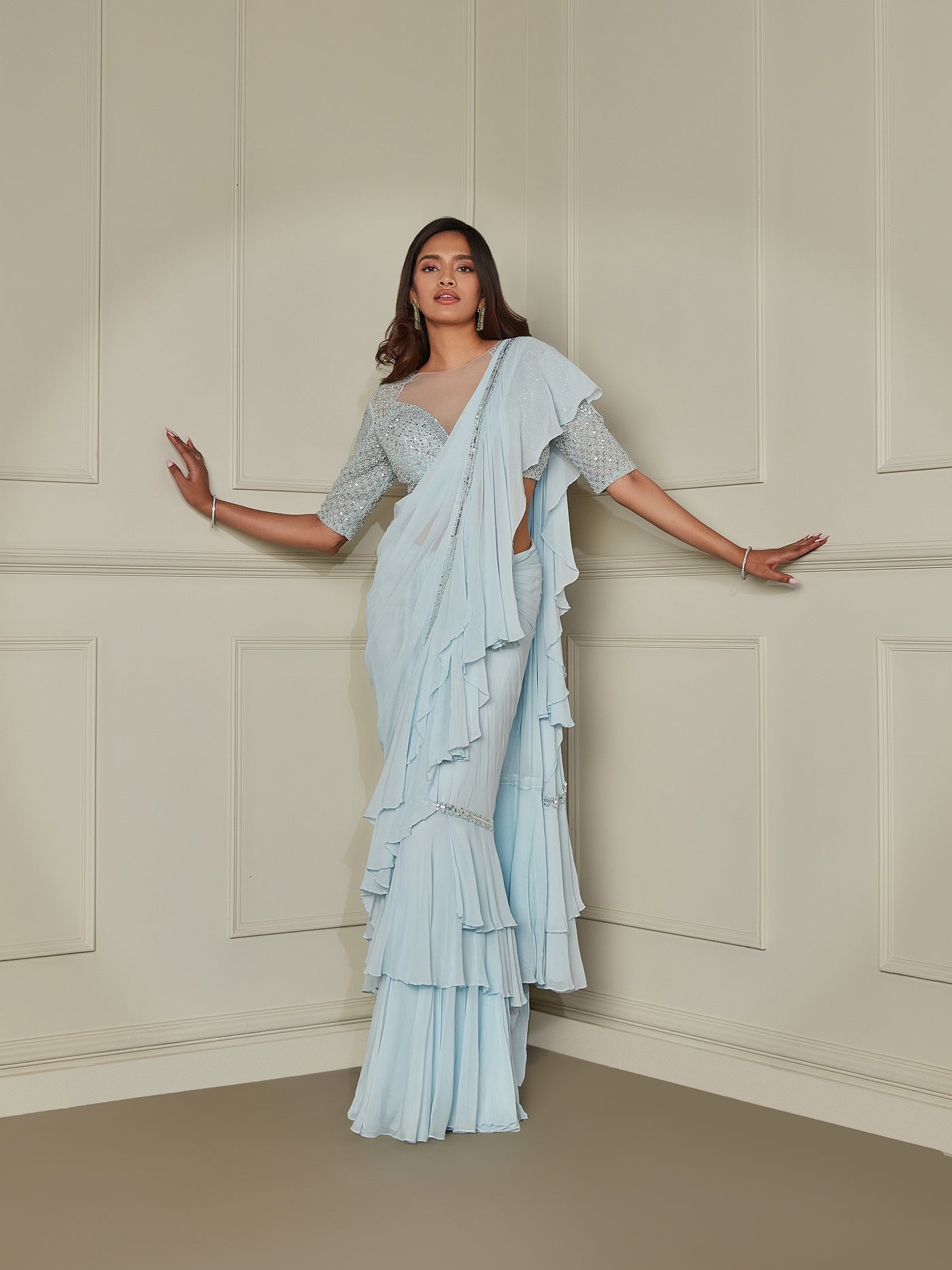 Powder Blue Layered Ruffle Saree Set