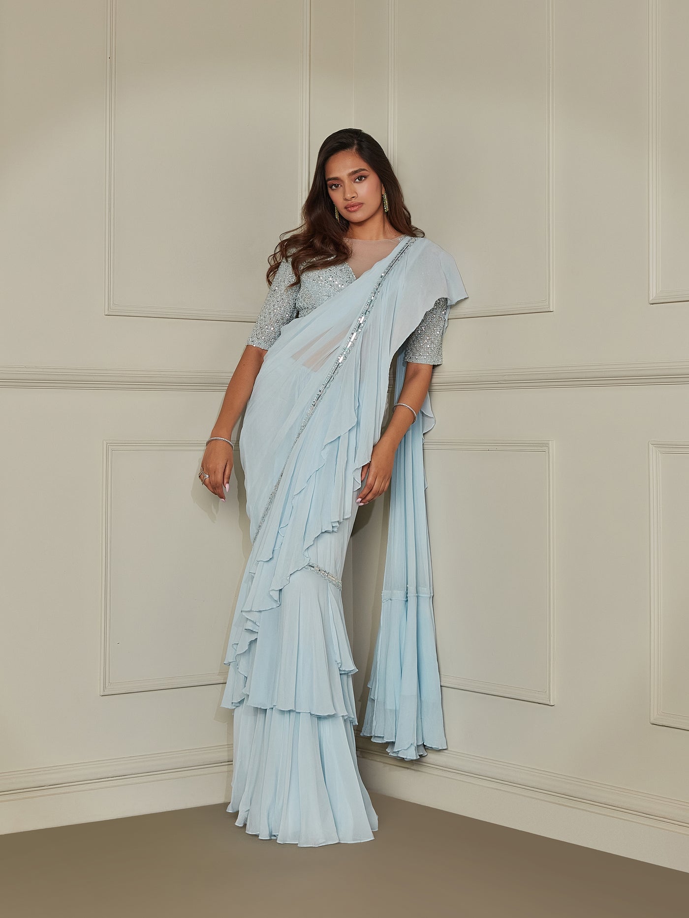 Powder Blue Layered Ruffle Saree Set