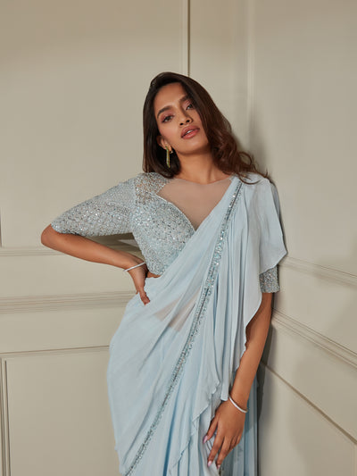 Powder Blue Layered Ruffle Saree Set