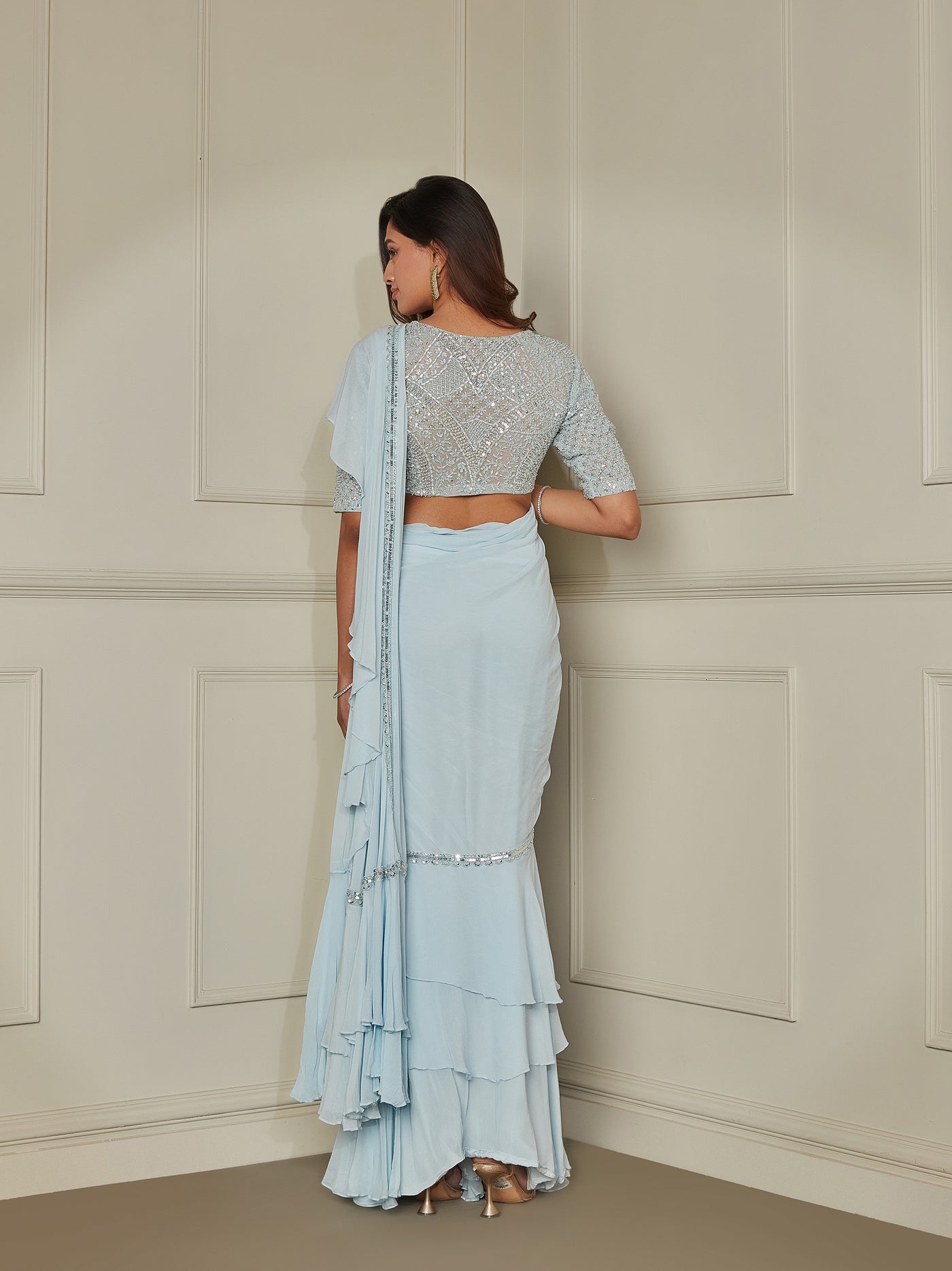 Powder Blue Layered Ruffle Saree Set