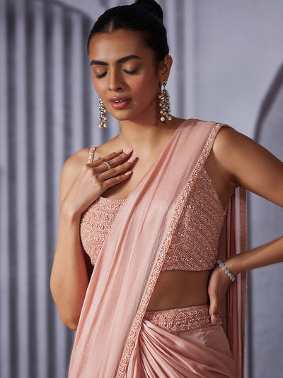 Onion Pink Pearl Embroidered Pre Draped Saree Set
