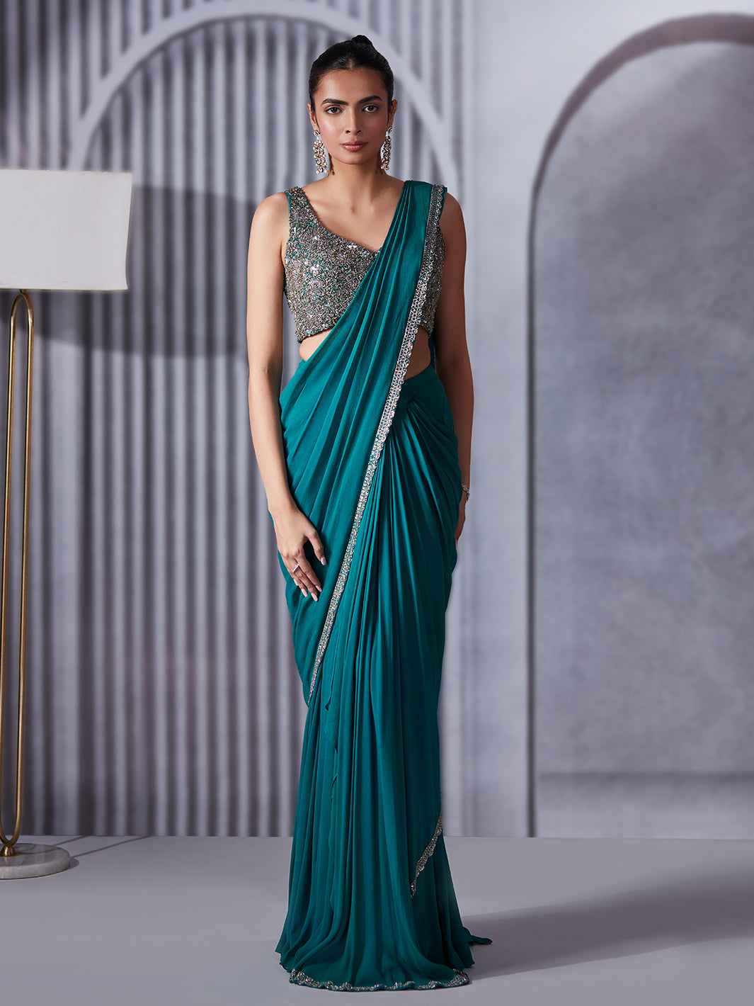 Turquoise Pre Draped Saree Set