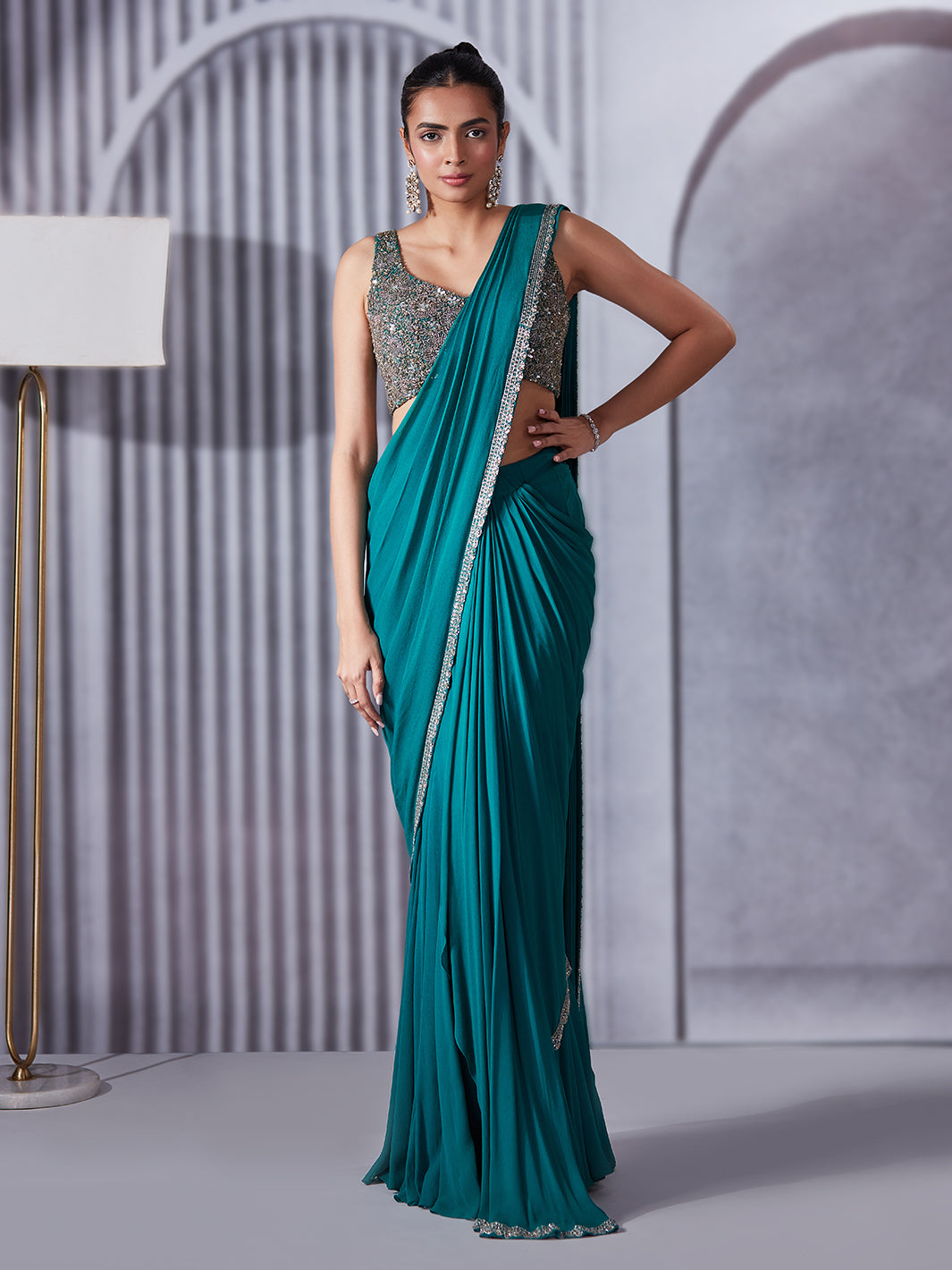 Turquoise Pre Draped Saree Set