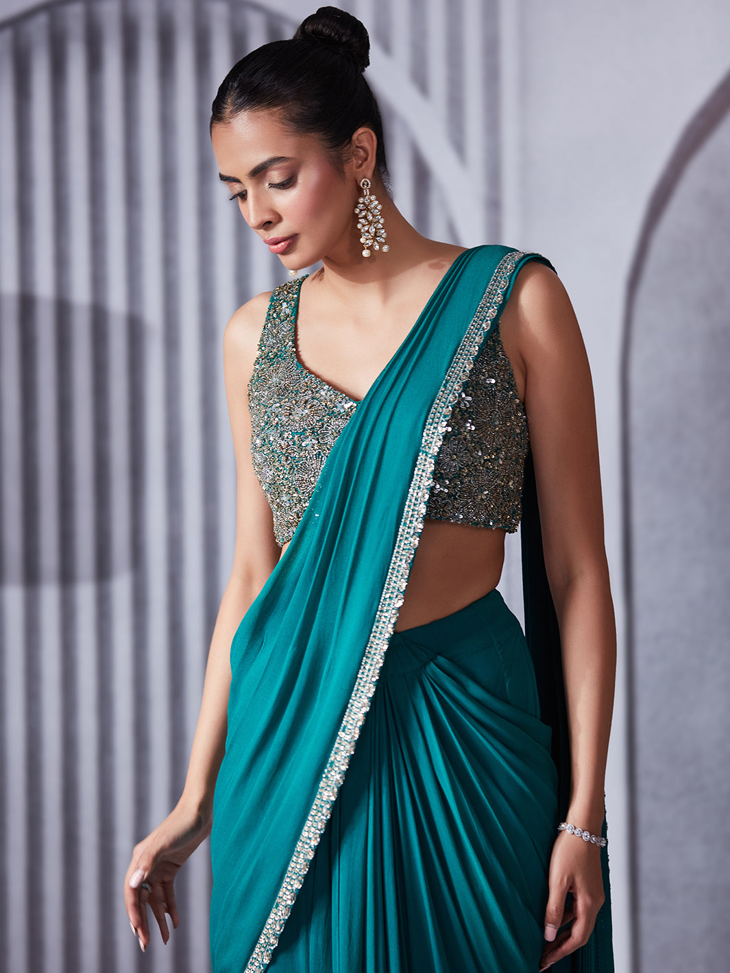 Turquoise Pre Draped Saree Set