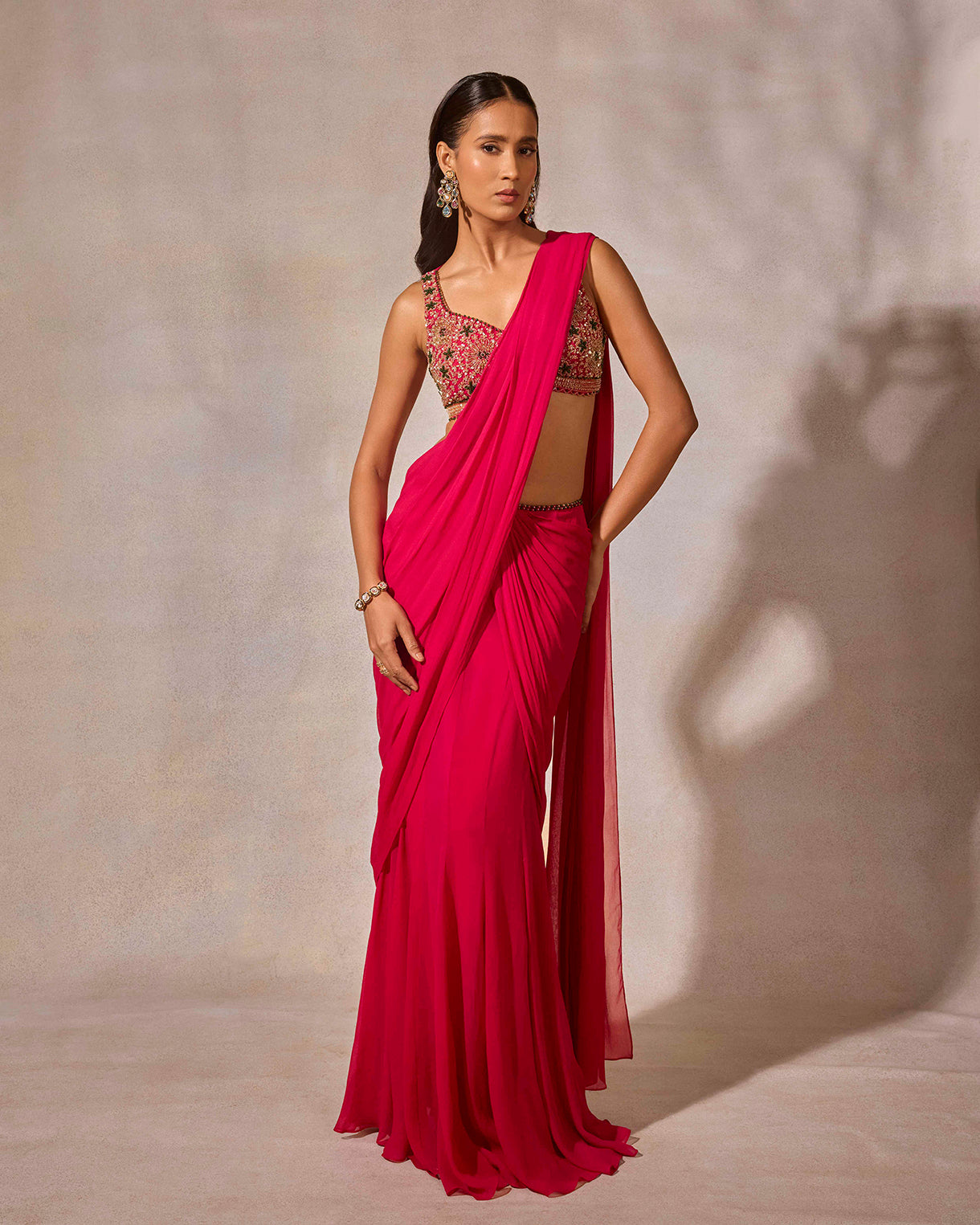 Fuschia Pink Saree with Hand Embroidered Blouse