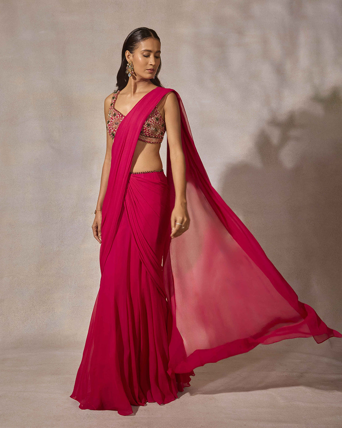 Fuschia Pink Saree with Hand Embroidered Blouse