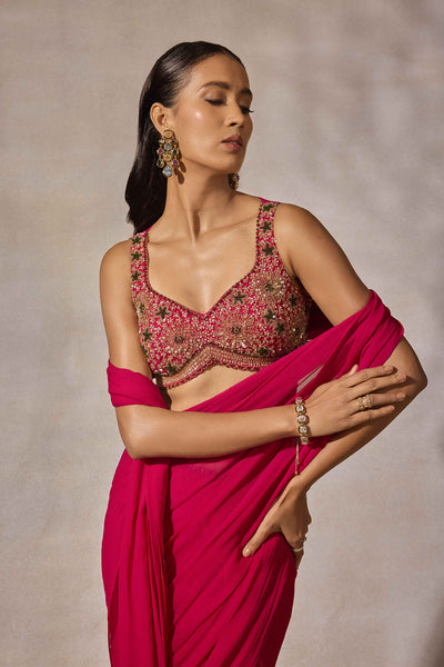 Fuschia Pink Saree with Hand Embroidered Blouse