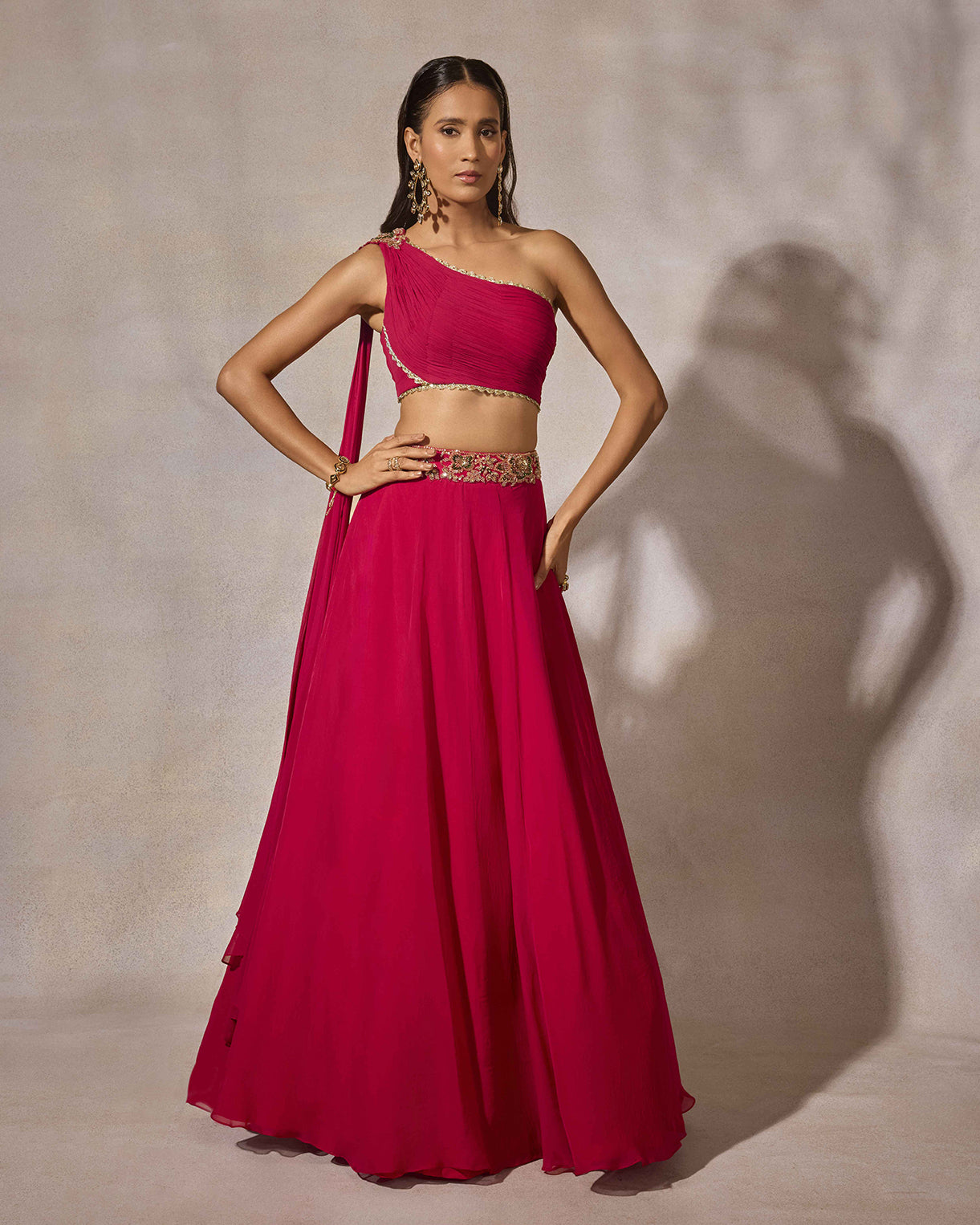 Fuschia Pink One-Shoulder Lehenga Set