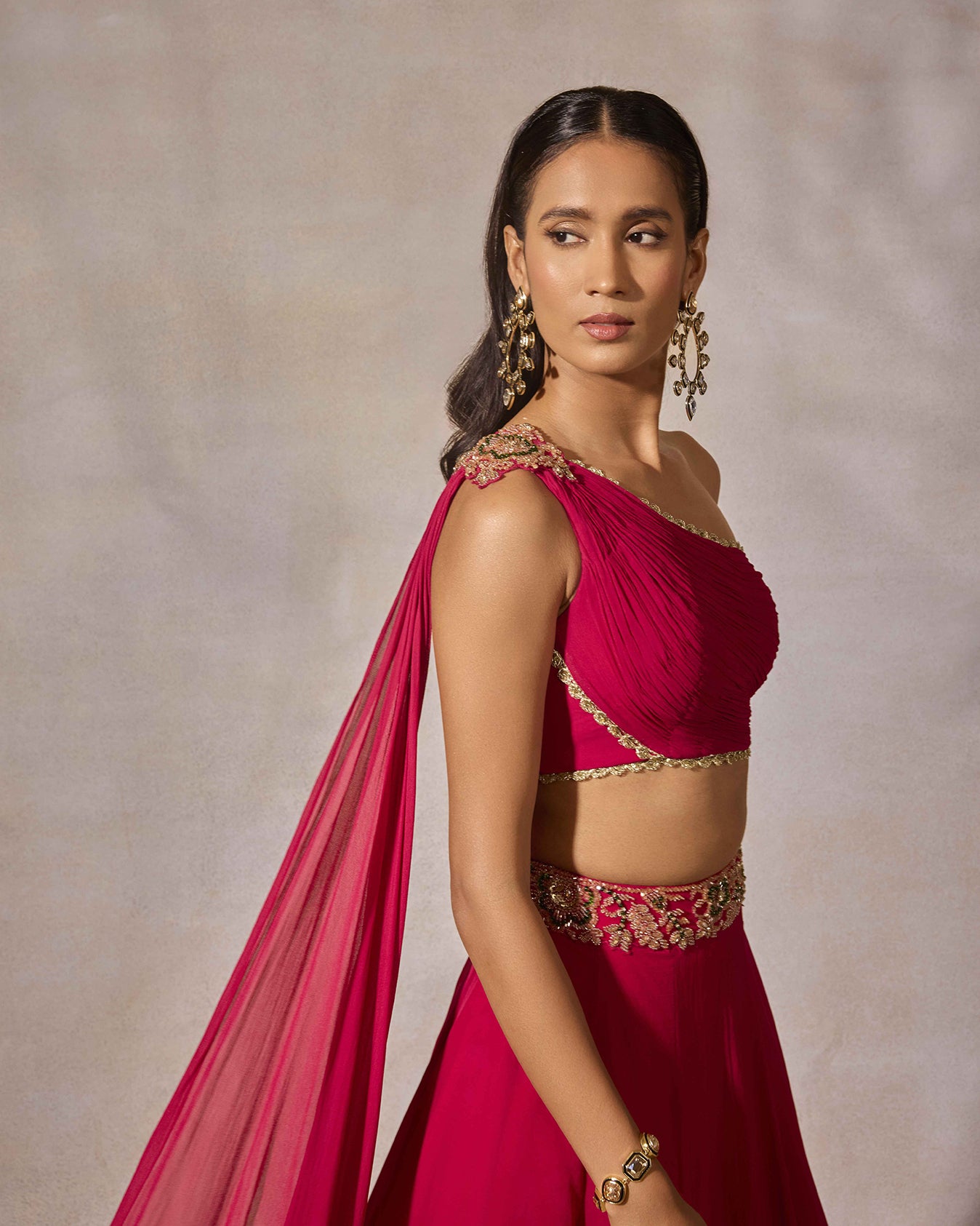 Fuschia Pink One-Shoulder Lehenga Set