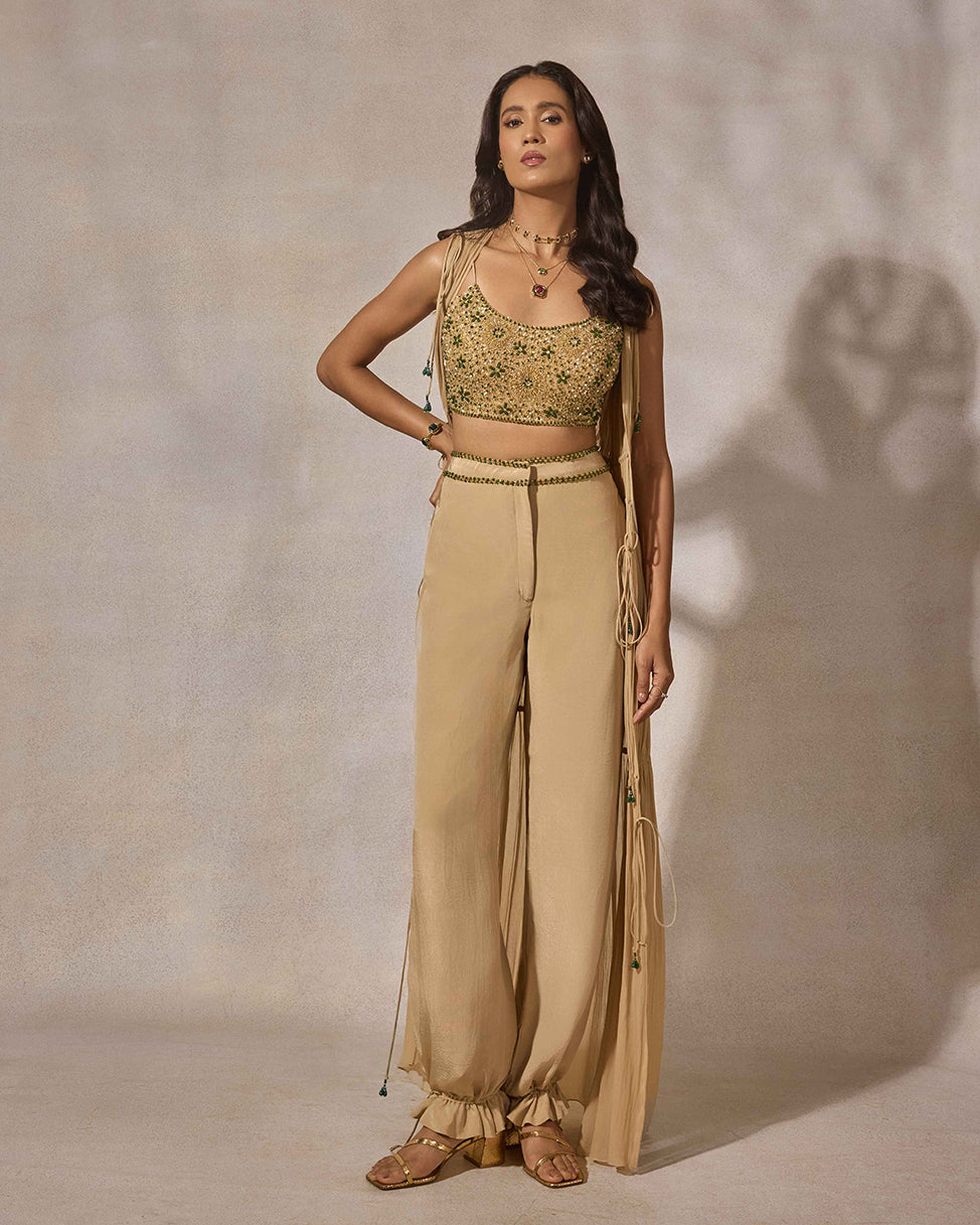 Beige Hand Embroidered Trouser & Jacket Set
