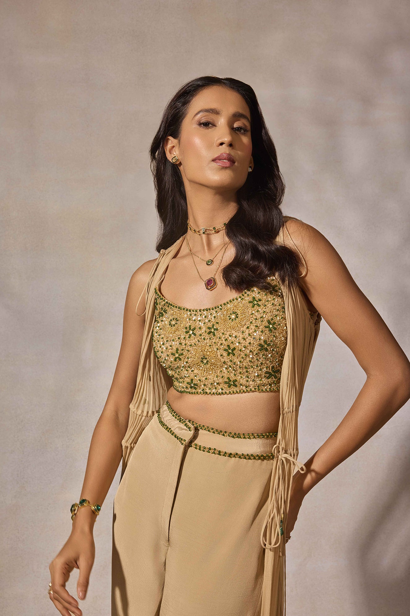 Beige Hand Embroidered Trouser & Jacket Set