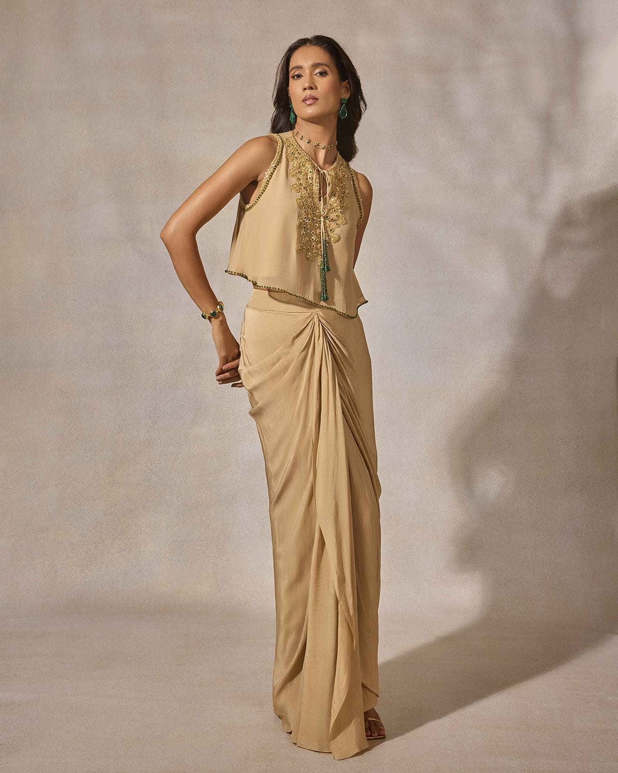 Beige Hand Embroidered Crop Top & Draped Skirt Set