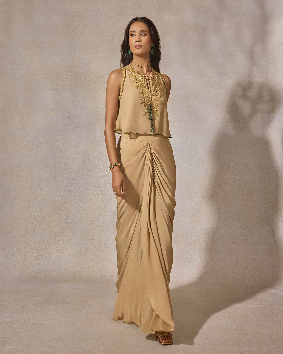 Beige Hand Embroidered Crop Top & Draped Skirt Set