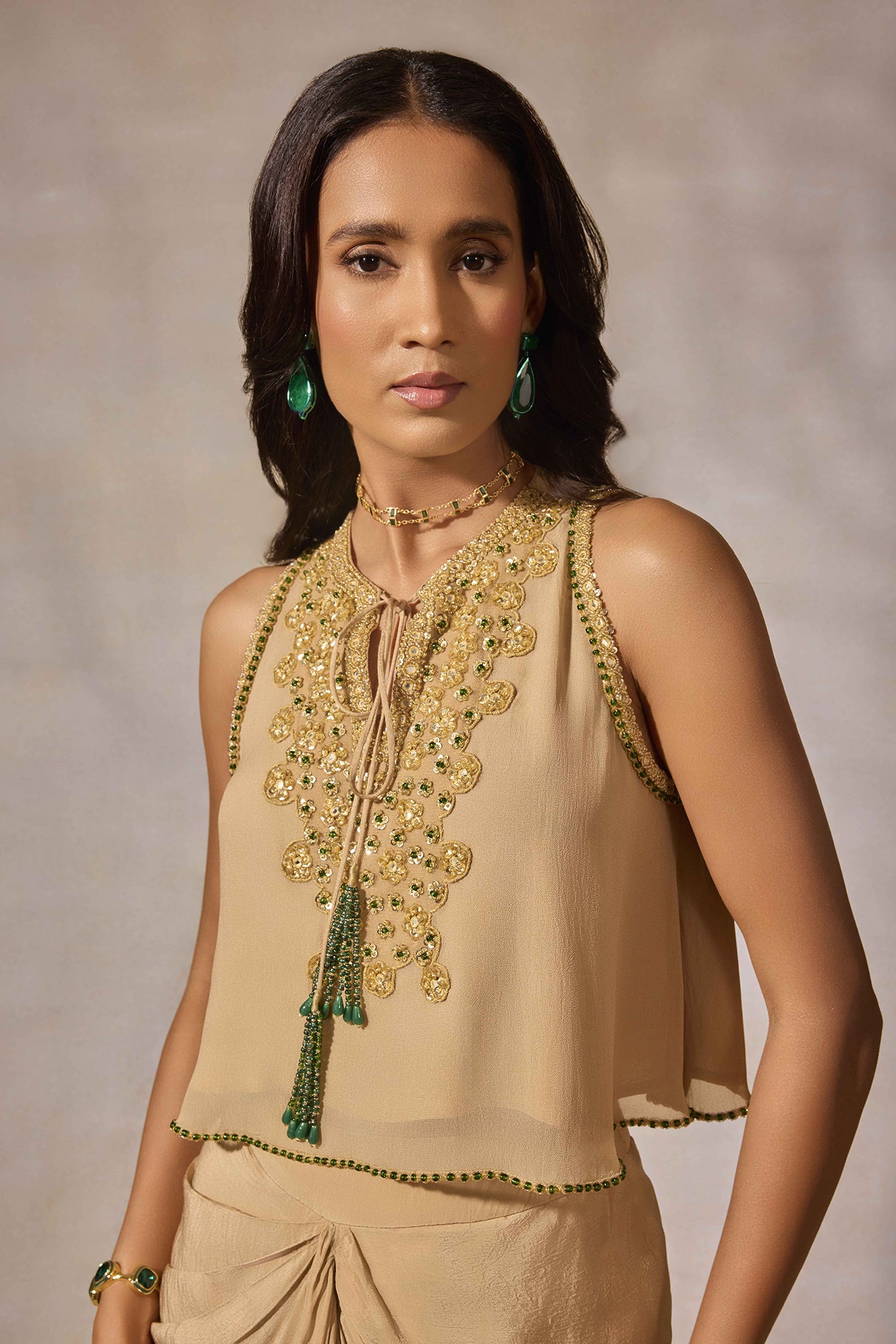 Beige Hand Embroidered Crop Top & Draped Skirt Set
