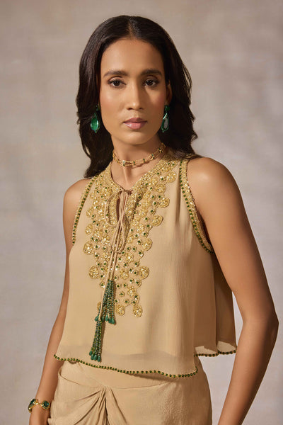 Beige Hand Embroidered Crop Top & Draped Skirt Set