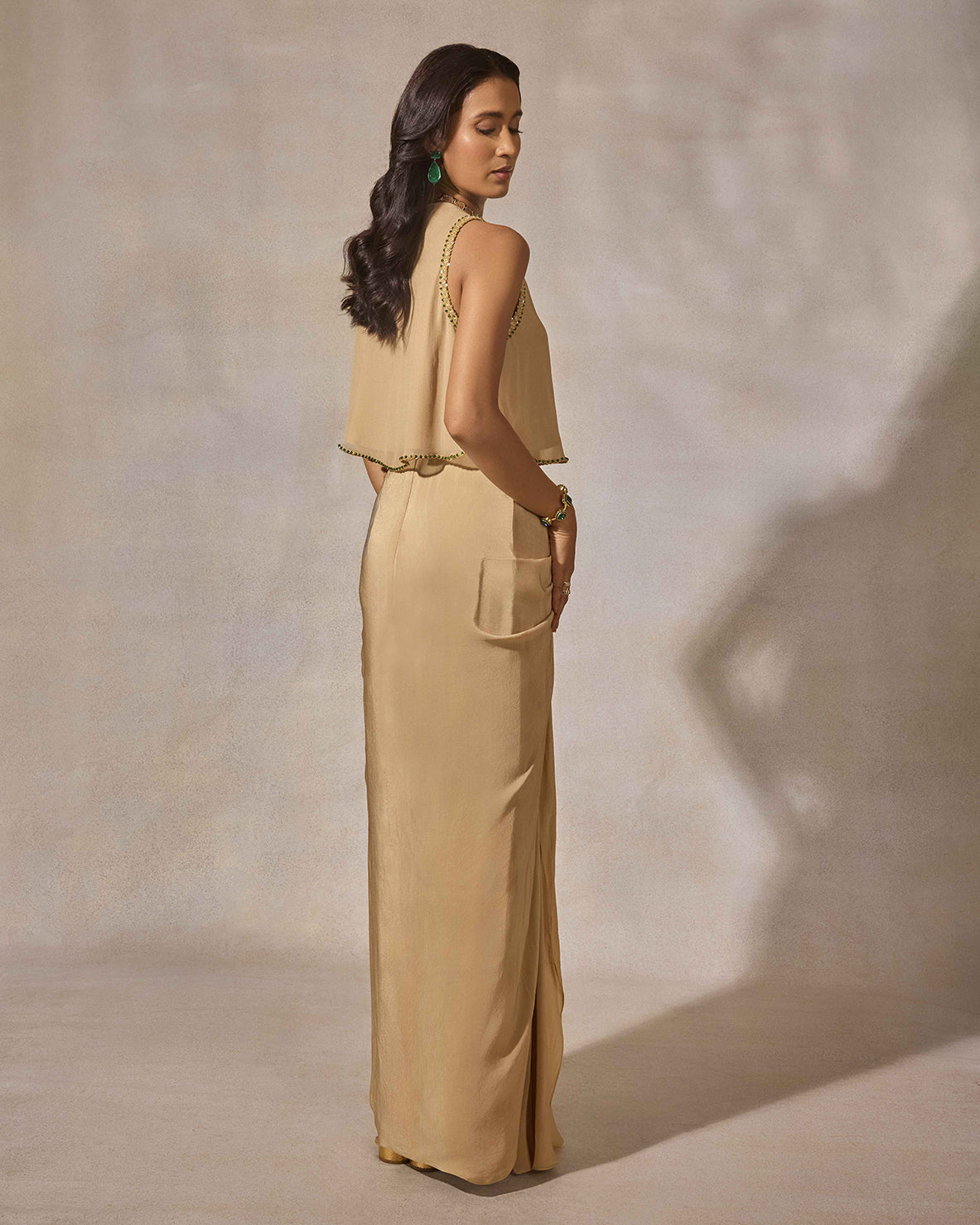 Beige Hand Embroidered Crop Top & Draped Skirt Set