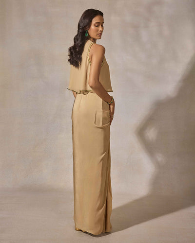 Beige Hand Embroidered Crop Top & Draped Skirt Set