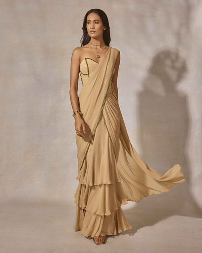 Beige Ruffle Saree with Corset Blouse