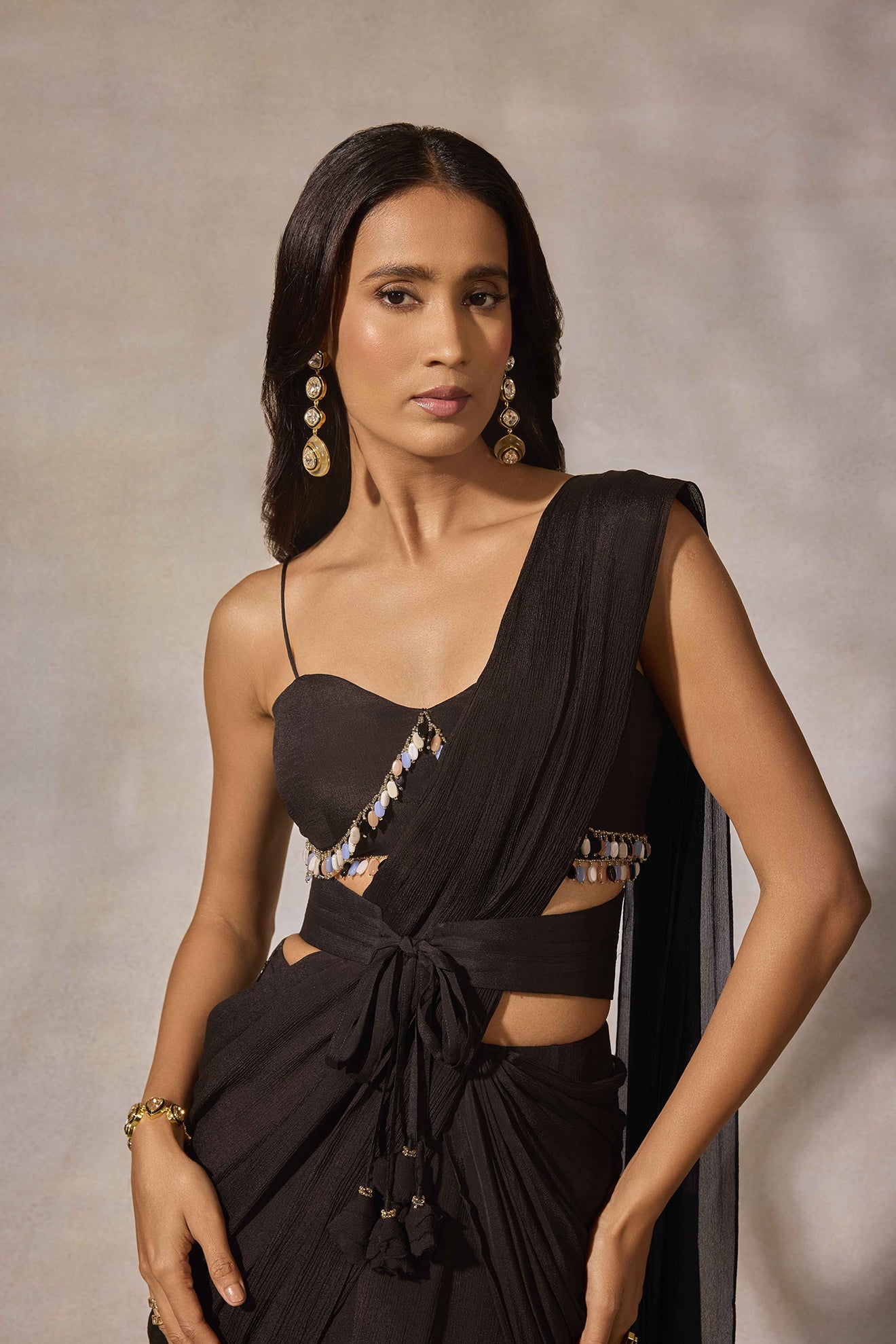 Black Gemstone Corset Blouse with Saree & Belt.
