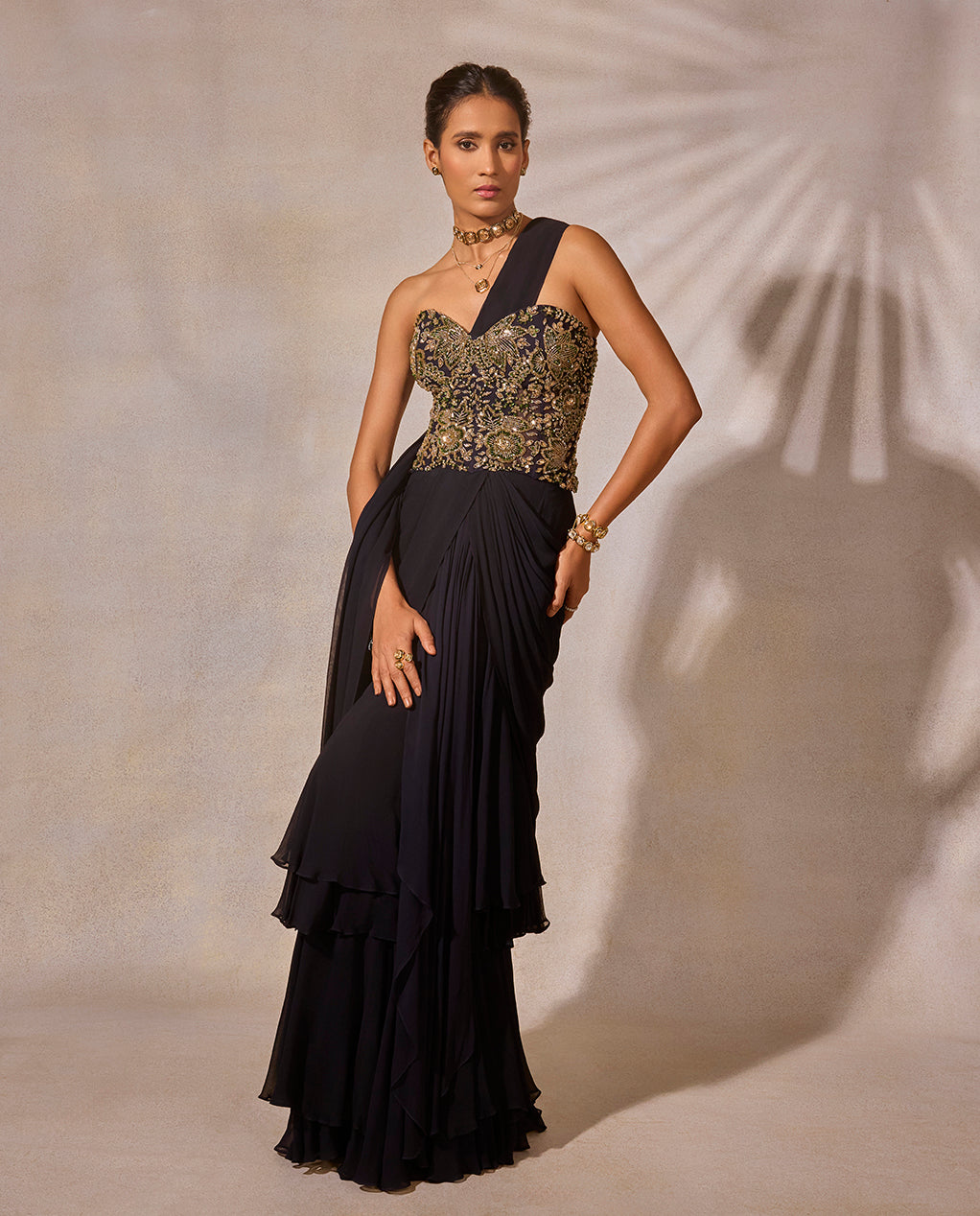 Midnight Blue Hand Embroidered Corset Blouse & Layered Saree Set