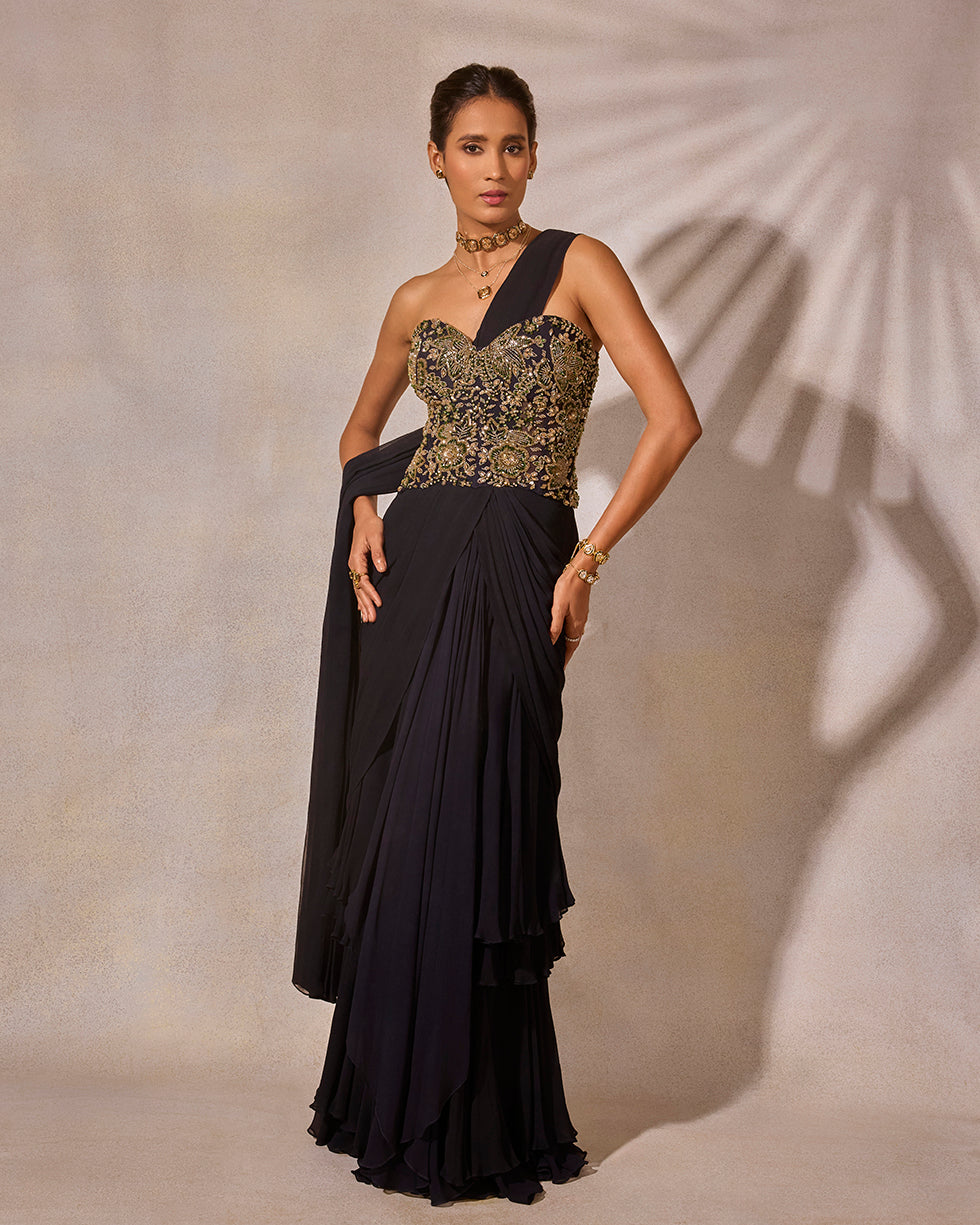 Midnight Blue Hand Embroidered Corset Blouse & Layered Saree Set