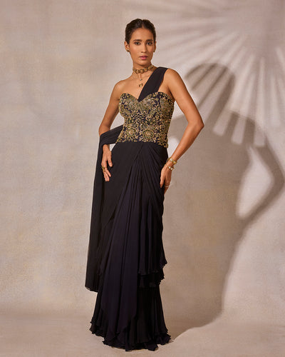 Midnight Blue Hand Embroidered Corset Blouse & Layered Saree Set