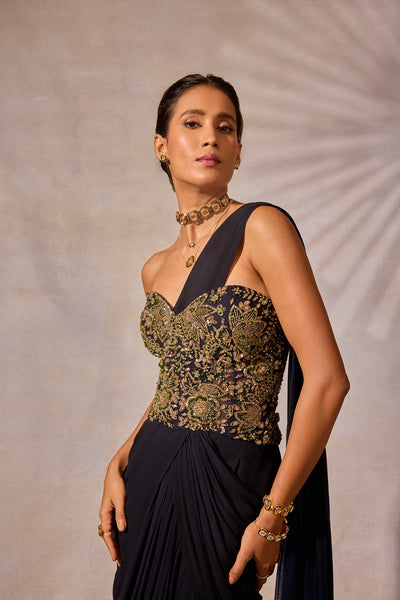 Midnight Blue Hand Embroidered Corset Blouse & Layered Saree Set