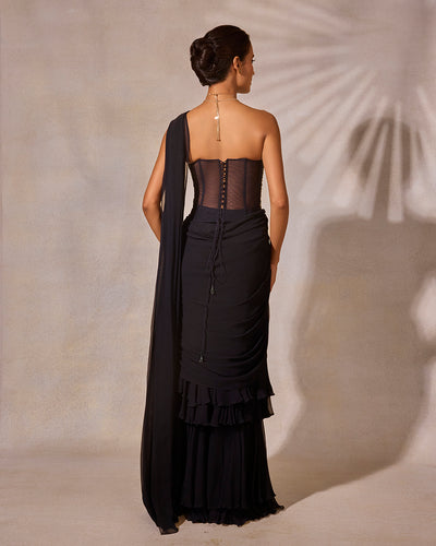 Midnight Blue Hand Embroidered Corset Blouse & Layered Saree Set