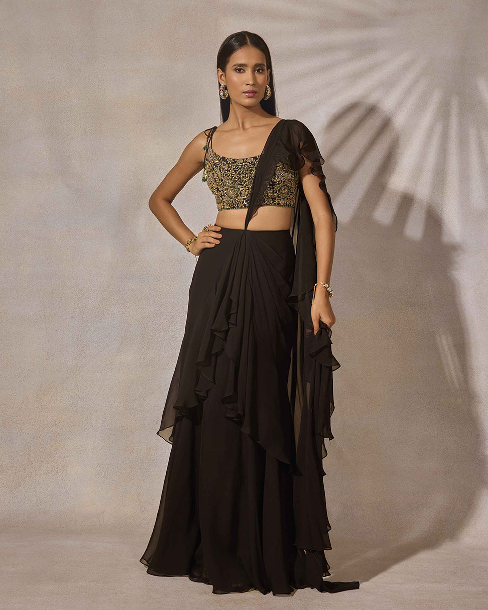 Black Ruffle Saree & Hand Embroidered Blouse