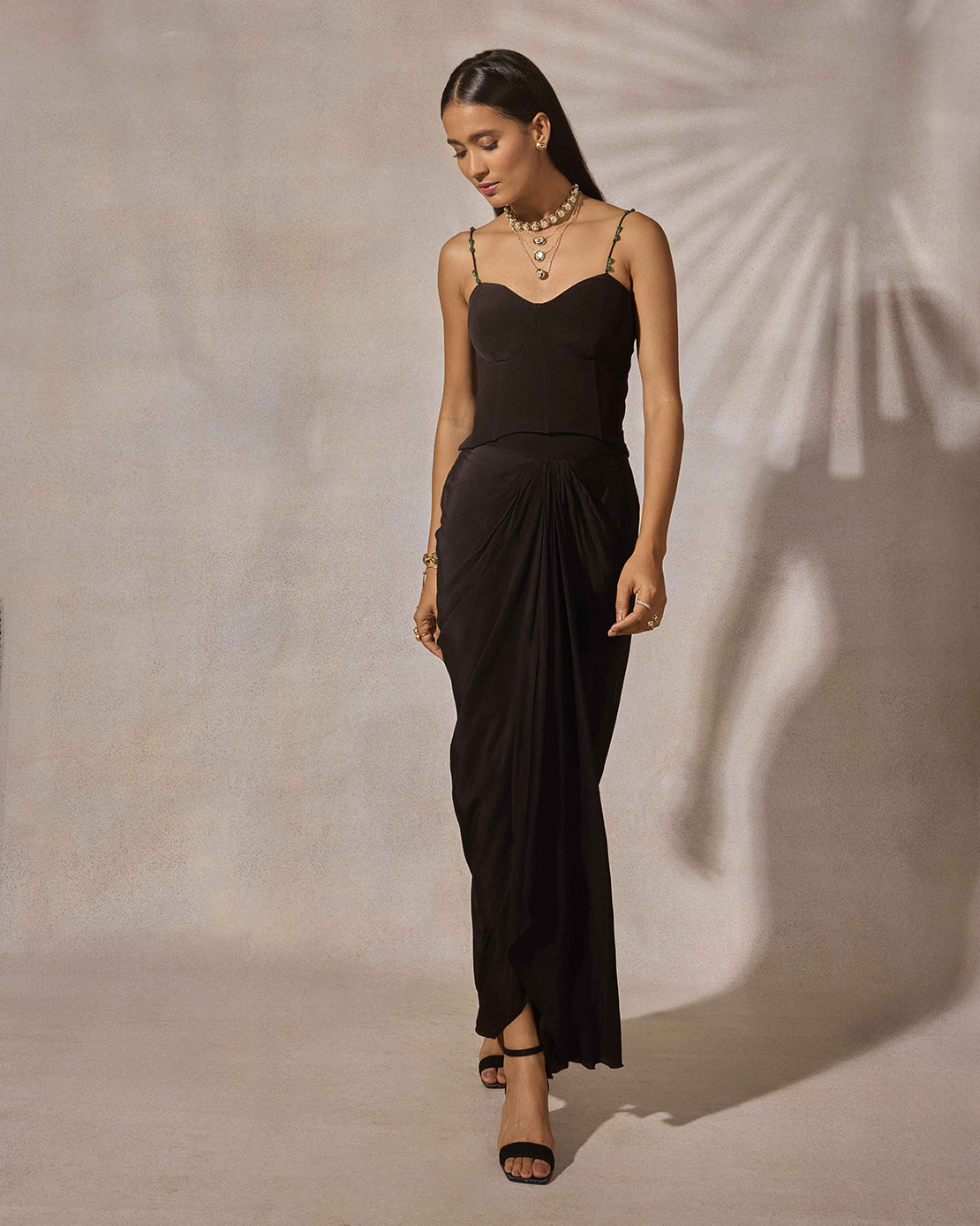 Black Corset Top & Draped Skirt Set